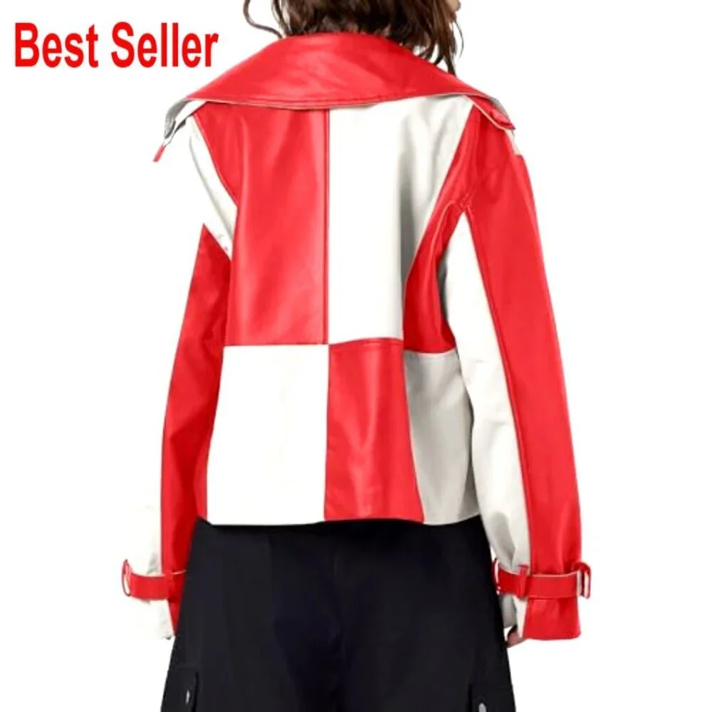 Oversized Cropped Leather Jacket with Color Block Design, Side Pockets - Picture 5 of 7